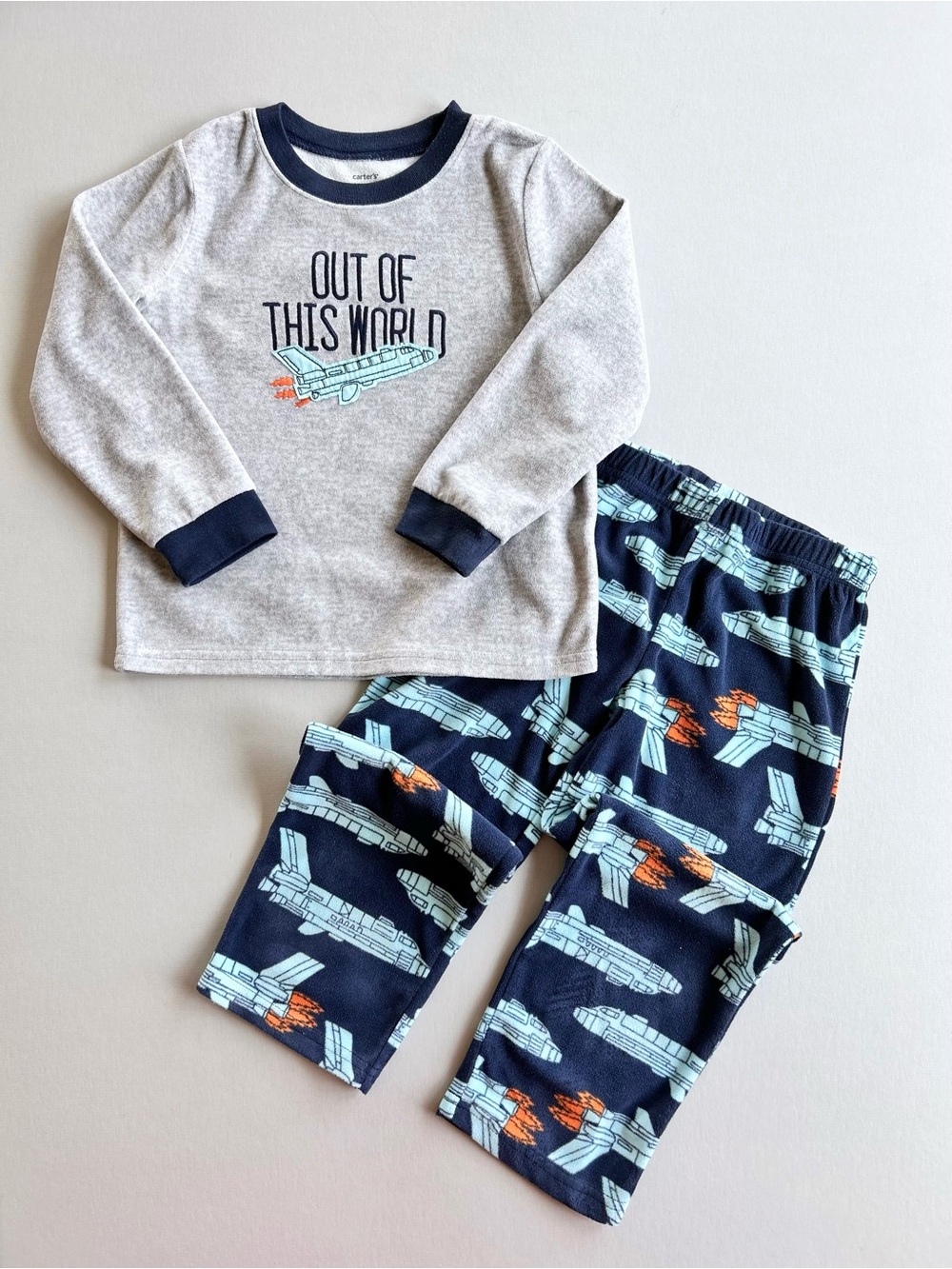 Carter's 2PC Fleece Pajama Set Gray Navy Spaceship Out Of This World Boys 5